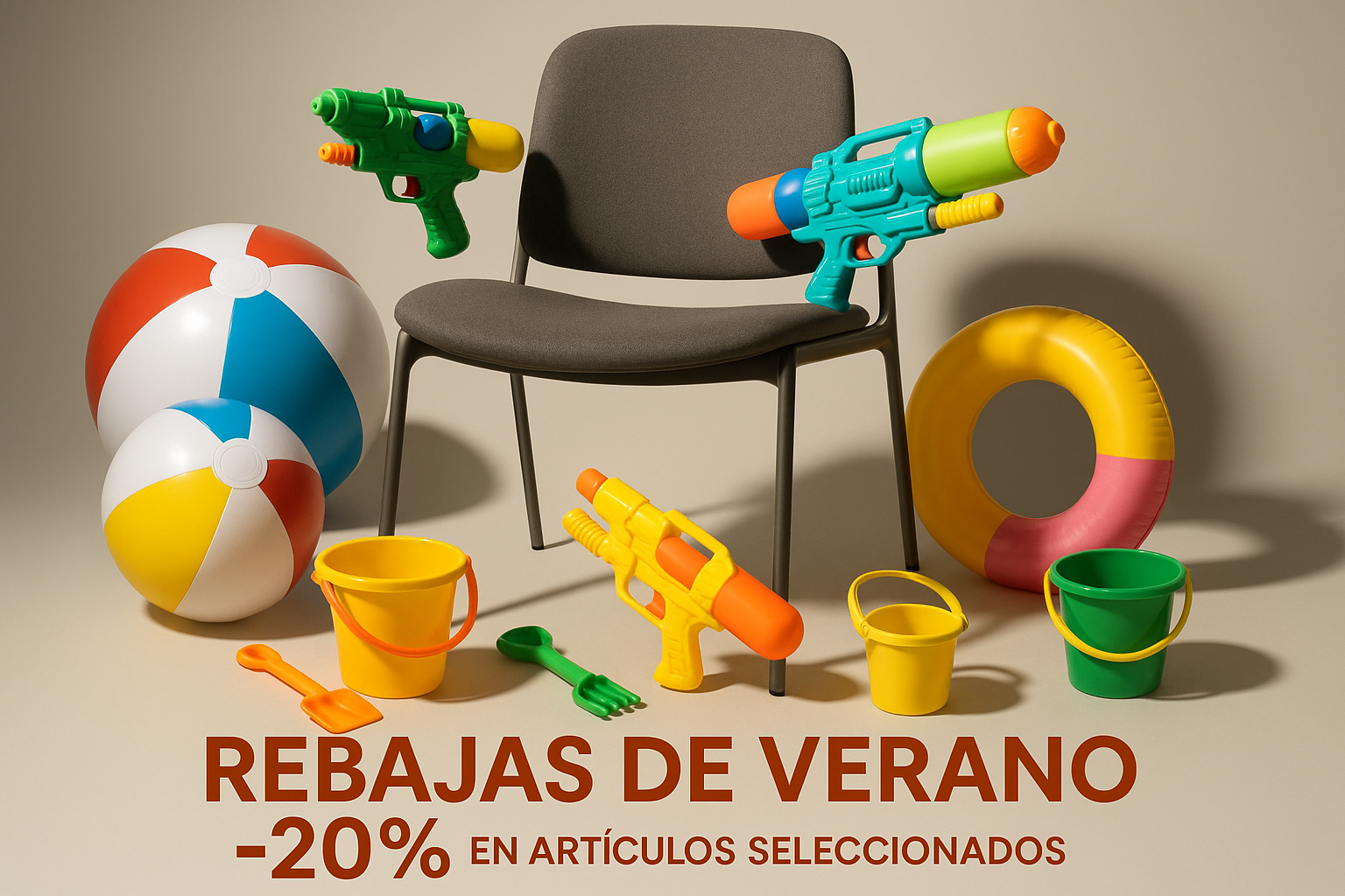 crea una imagen que tenga silla y juguetes de verano hiper realista iluminación profesional con un texto que ponga REBAJAS DE VERANO -20% EN ARTICULOS SELECCIONADO el texto centrado abajo