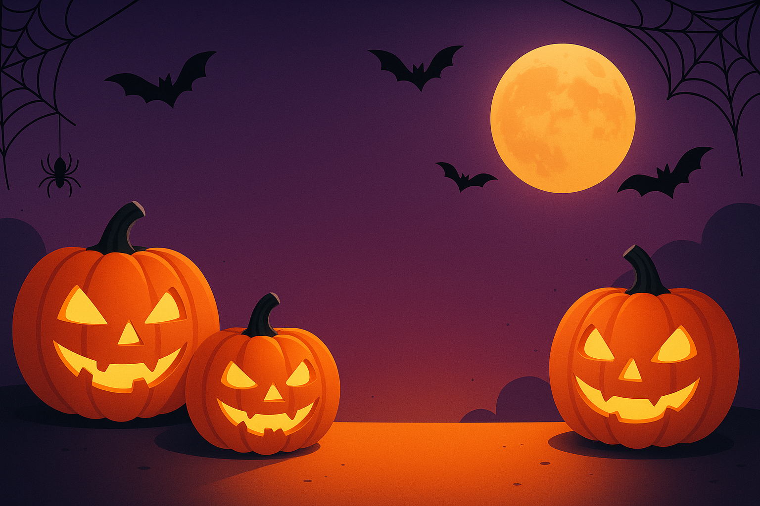 "Un banner digital para página web con temática de Halloween. Estilo moderno y atractivo, con colores naranja, negro y púrpura. Incluye elementos clásicos como calabazas iluminadas, telarañas, murciélagos y una luna llena misteriosa en el fondo. Diseño limpio y elegante, con espacio libre en el centro para colocar texto o promociones. Estilo ilustración digital, alta resolución, perfecto para un encabezado web."